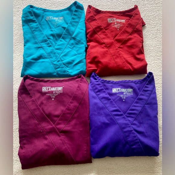Grey's Anatomy Set of 4 Scrub Tops in Red, Purple, Teal & Maroon Size M - Picture 14 of 14